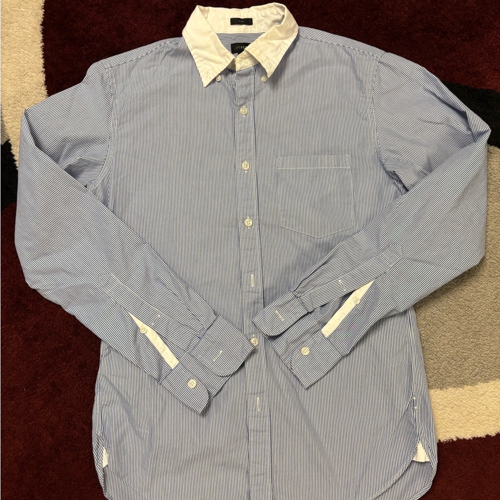 J. Crew Men's Blue Striped Shirt with White Collar and contrast details
